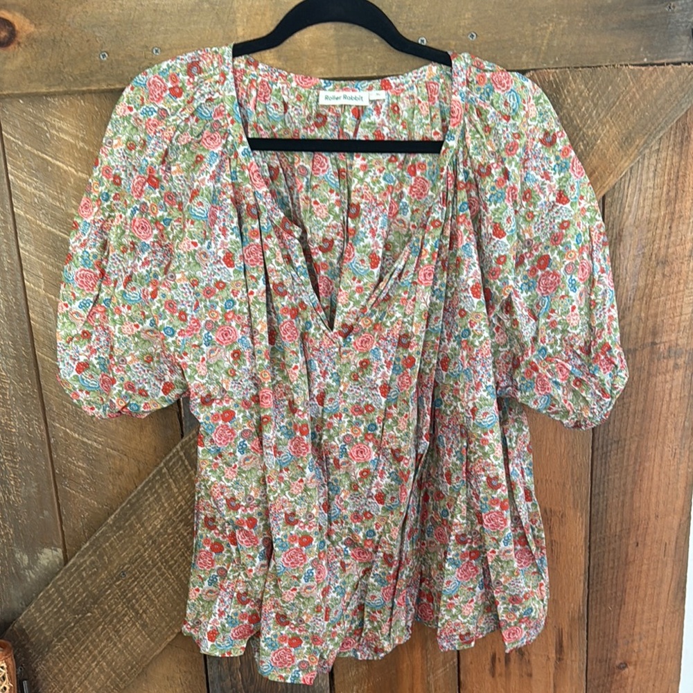 Roller Rabbit Pink and Red Ruffled Peplum Blouse